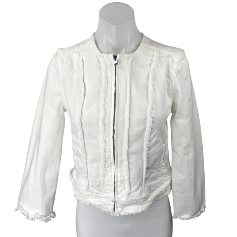 Liverpool Women's White Frayed Fringe Zip Up Long Sleeve Denim Jean Jacket Sz XS